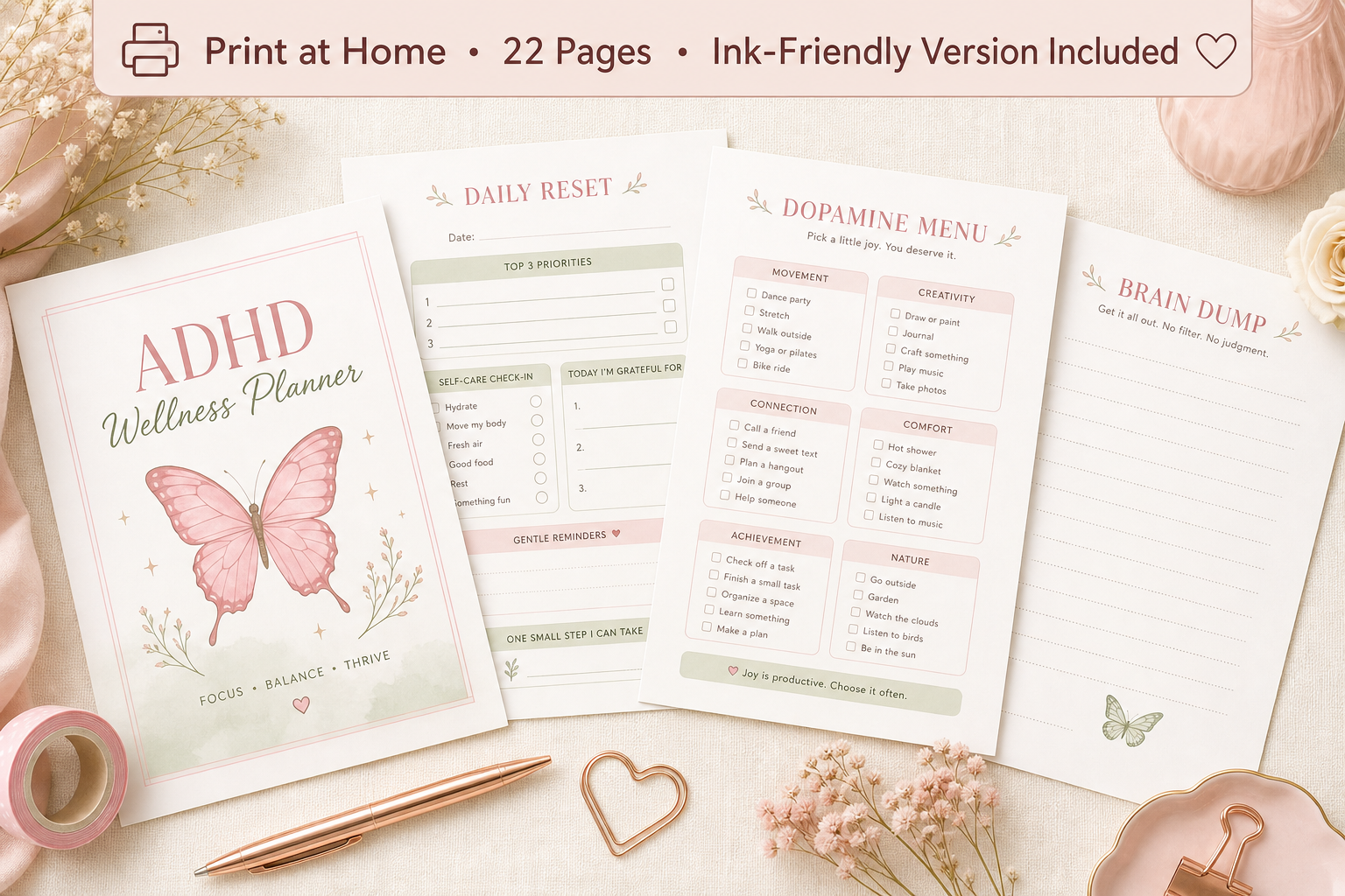 Soft Reset ADHD Planner — Fillable PDF | Neurodivergent Wellness Planner for Women